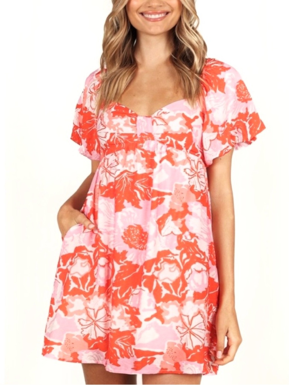 Petal & Pup Maggie Pink & Red Floral Babydoll Mini Dress